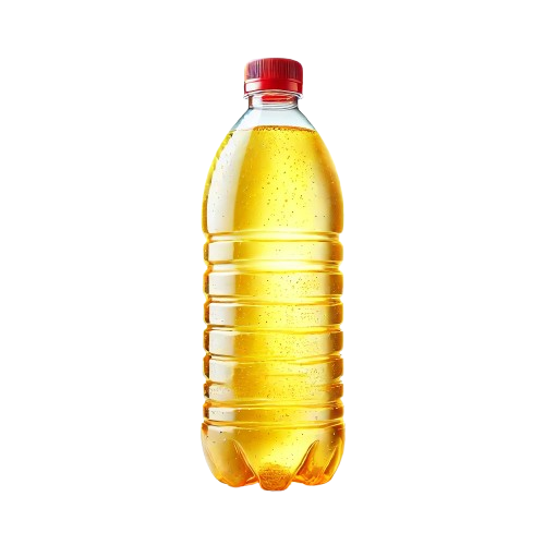 Plastic bottle filled with yellow liquid, red cap.