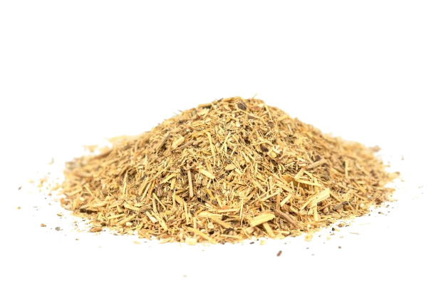 A pile of dried, shredded plant material on a white background.