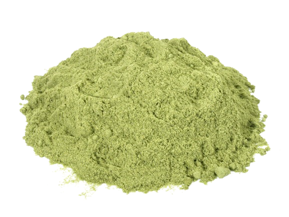 A pile of green powder on a white background.