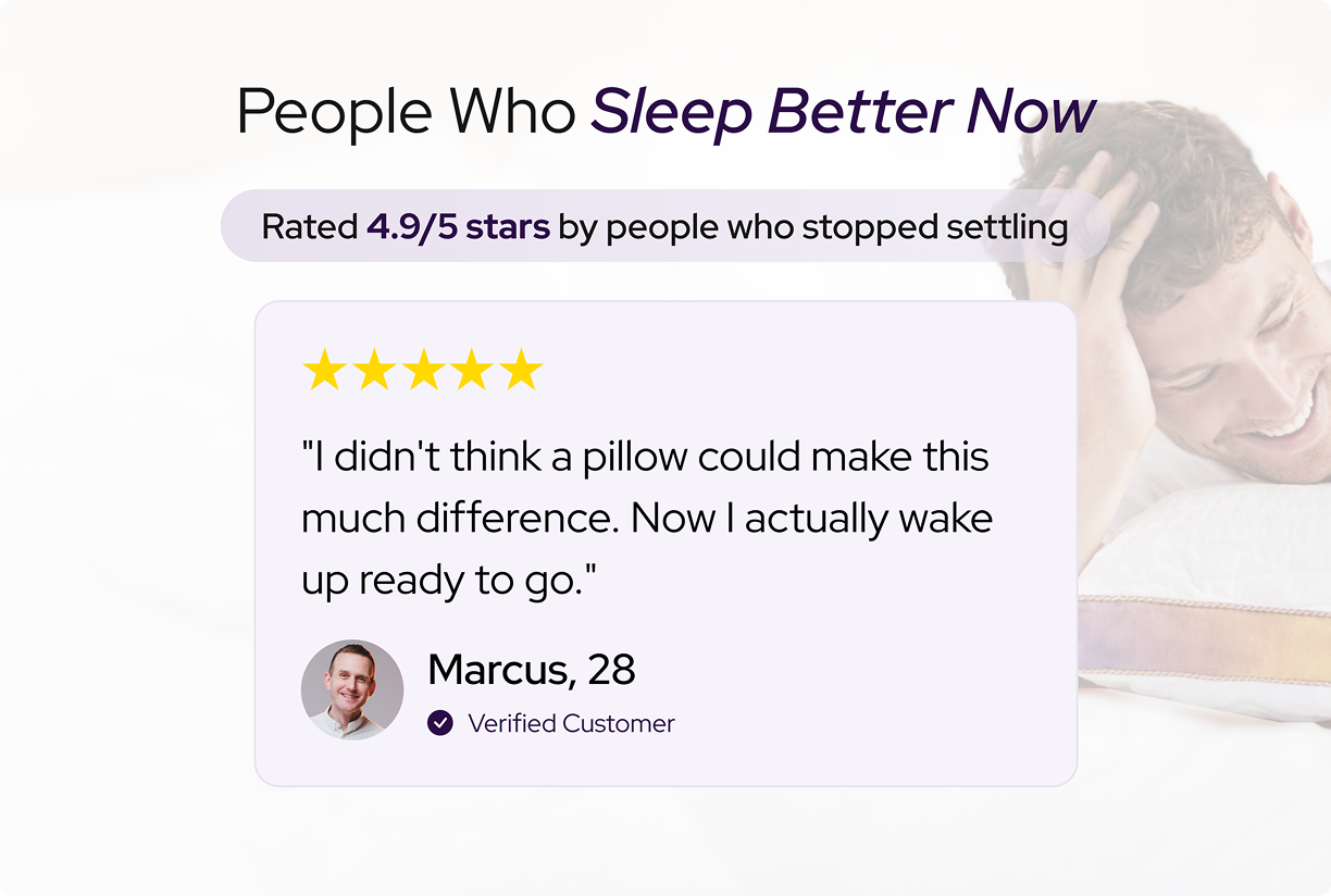 A graphic showing a 5-star customer testimonial over a photo of a man sleeping peacefully in bed.