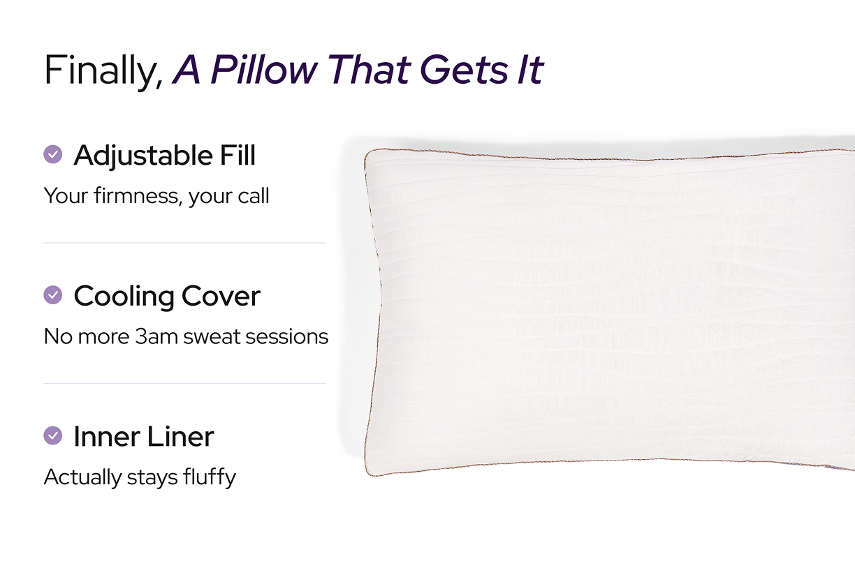 A white pillow next to a list of its features: adjustable fill, cooling cover, and inner liner.