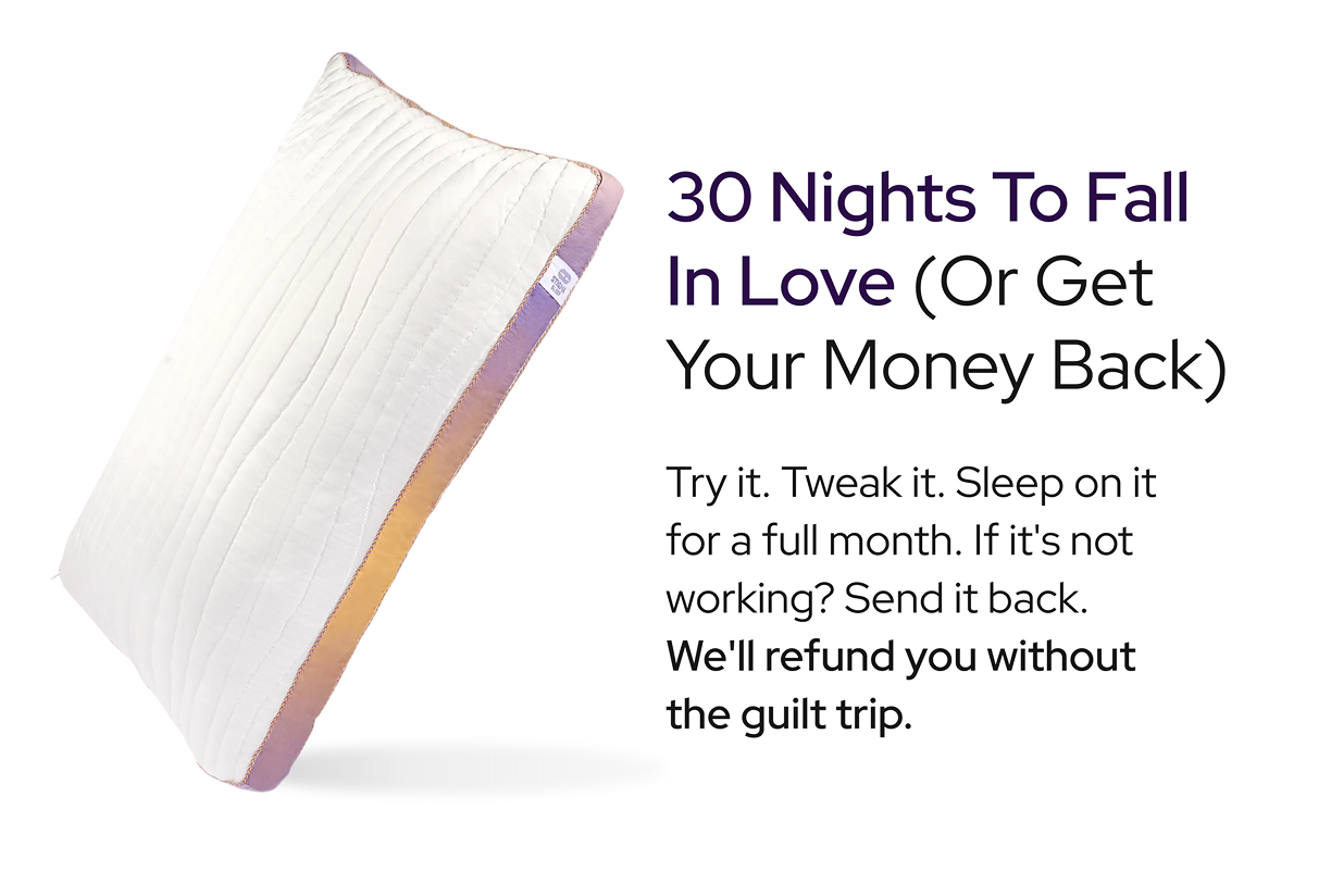 A white pillow with a textured top and colored trim, next to text about a 30-night trial.