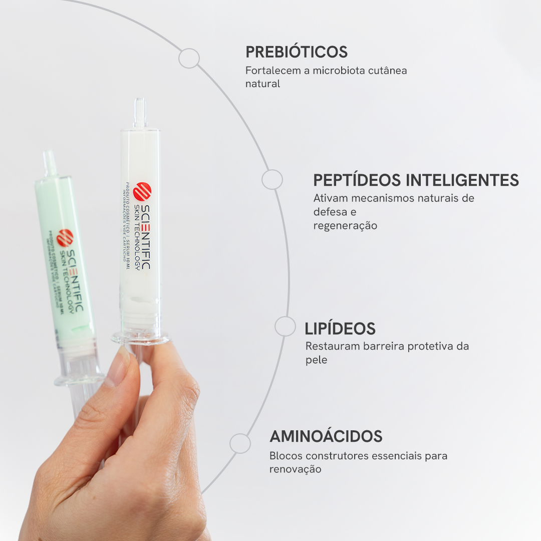 Minimalist bathroom bottles on a textured surface with palm leaves.