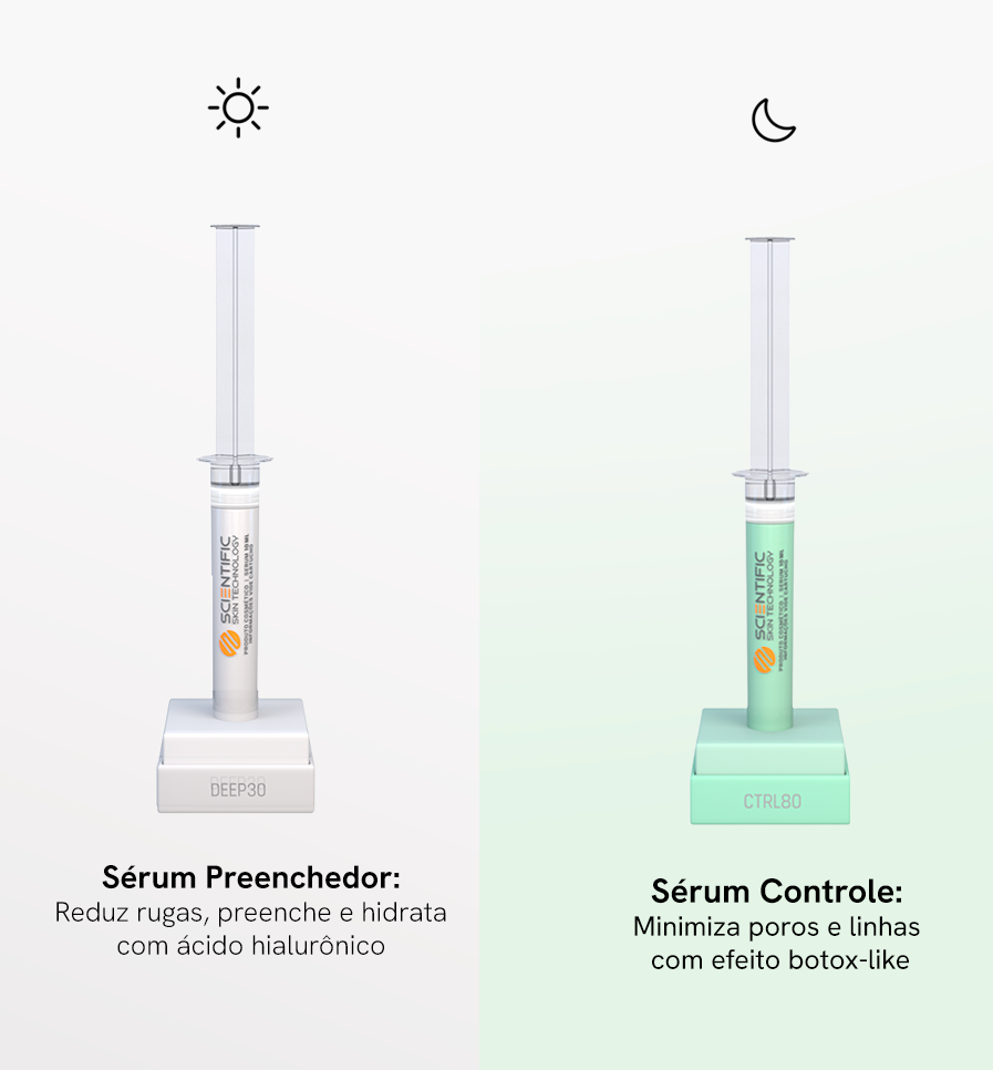 White lotion bottle with a pump next to green plant leaves on a geometric background.