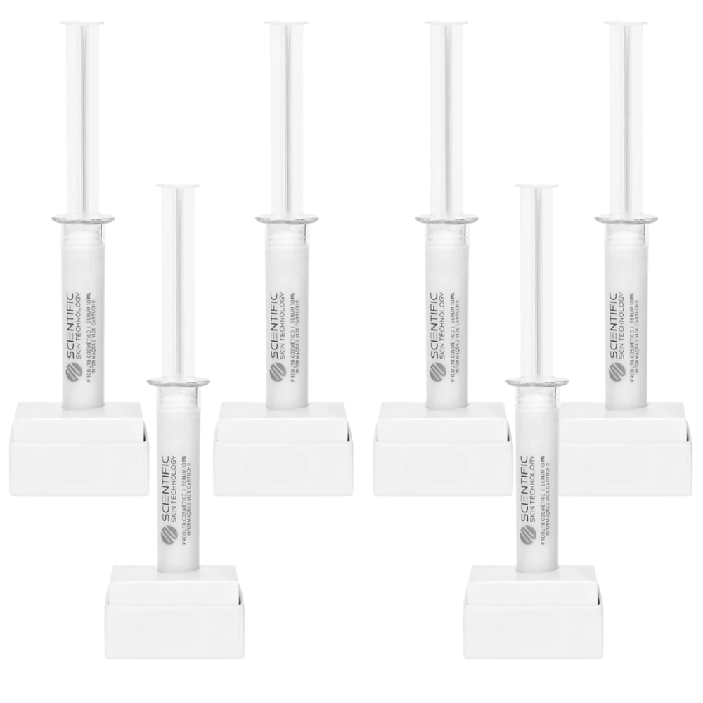 Six white syringes with clear barrels on white stands.