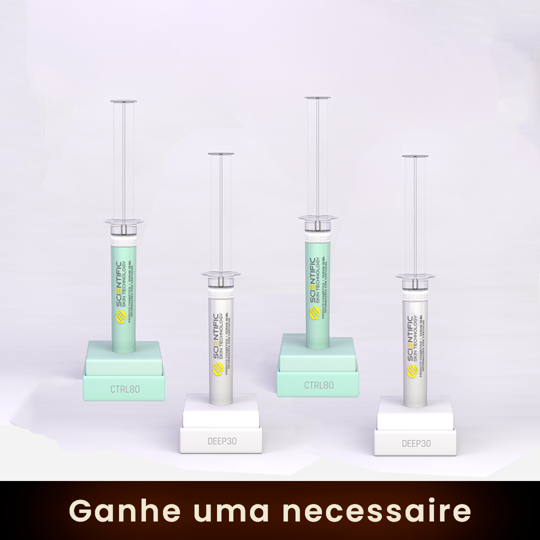 Two syringes with pink liquid, labeled 'Scientific Skin Technology' on square stands labeled 'Lift10'.