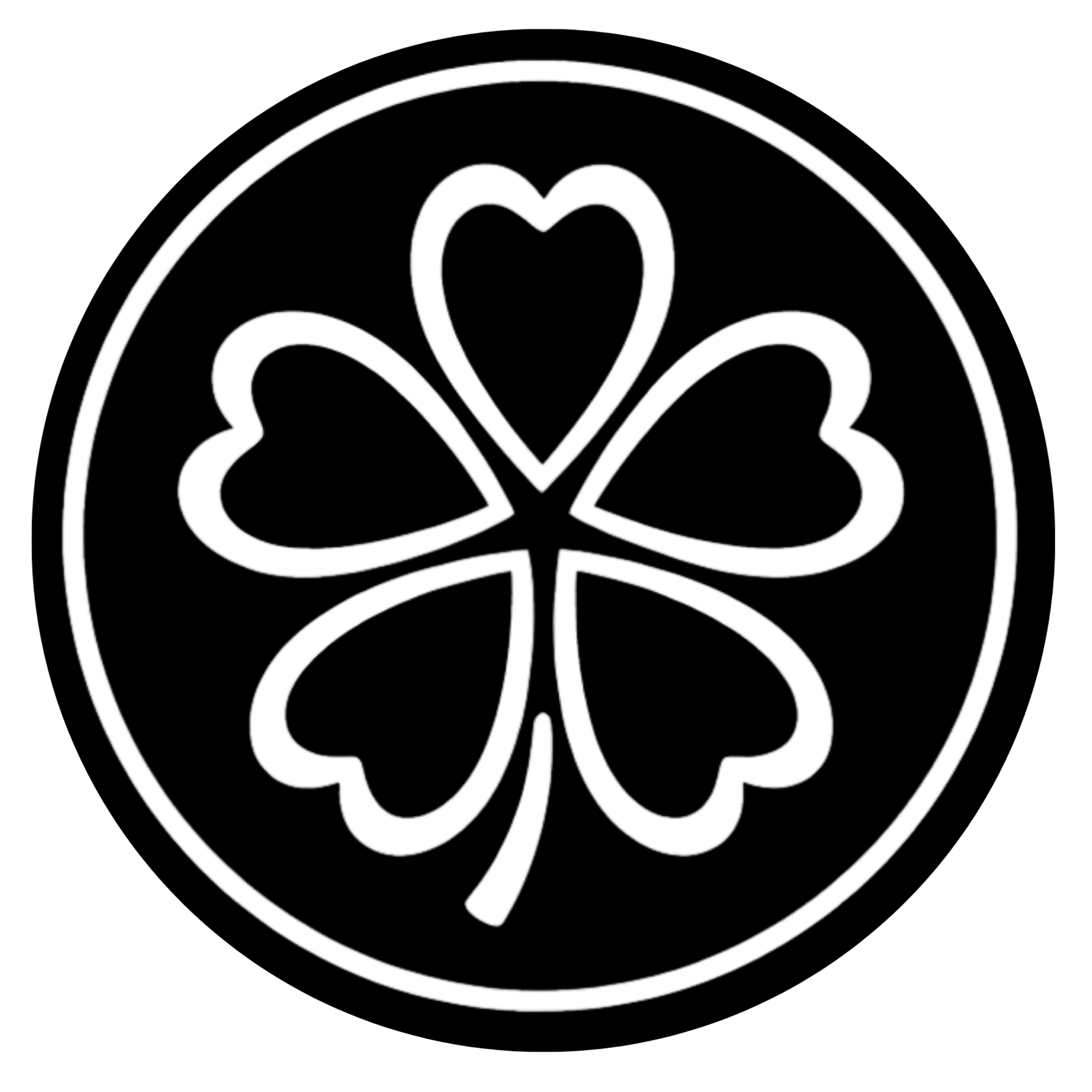 A white five-leaf clover with heart-shaped leaves inside a black circle with a white border.