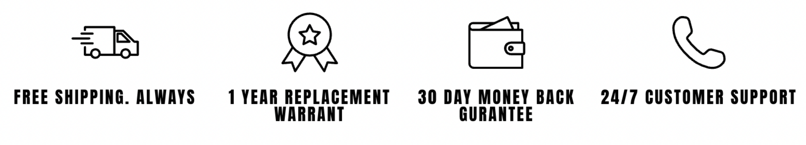 Icons showing company benefits: free shipping, 1-year warranty, 30-day money-back guarantee, and 24/7 customer support.