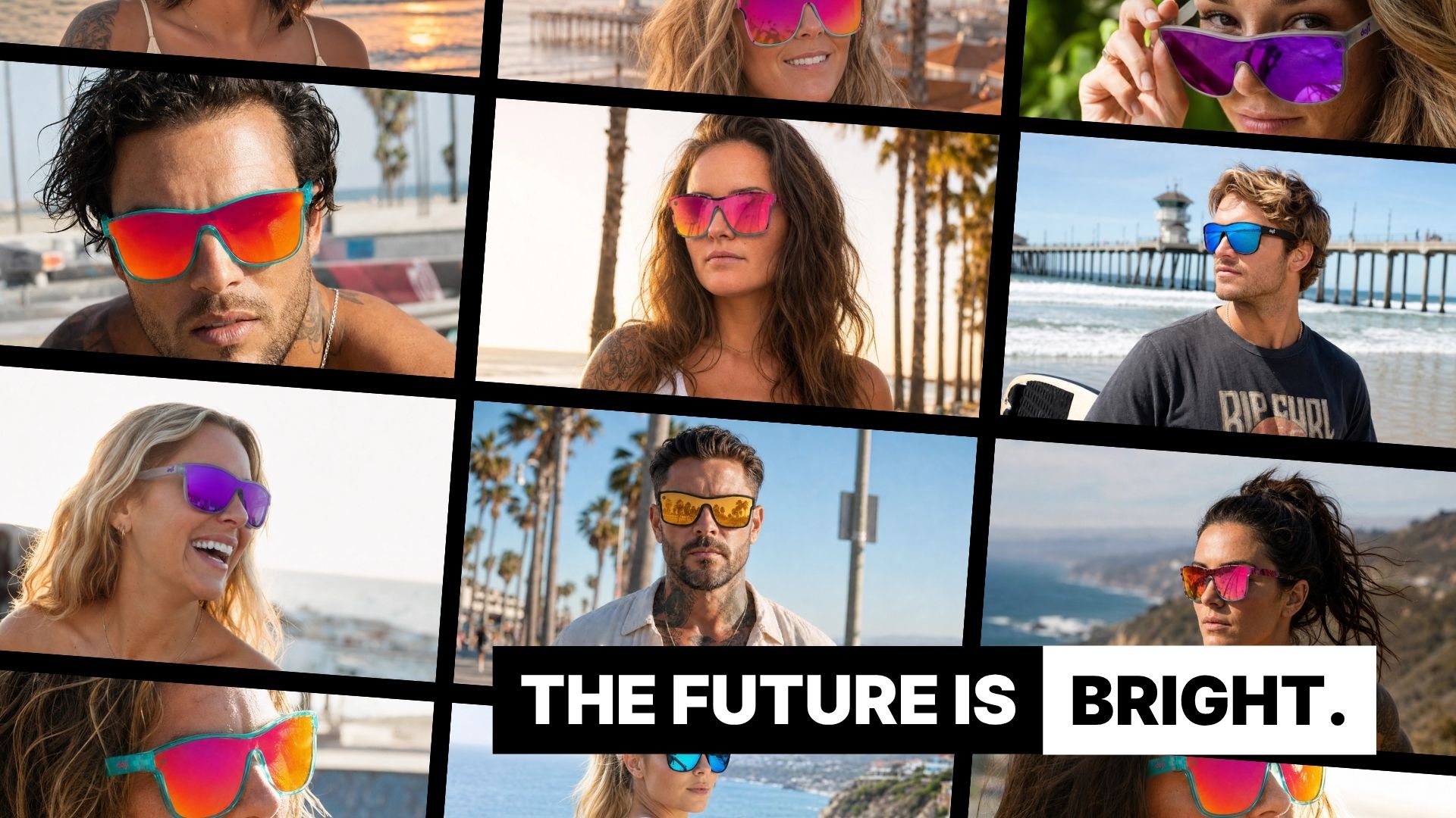 A collage of people wearing colorful sunglasses in beach settings with text 'THE FUTURE IS BRIGHT.'