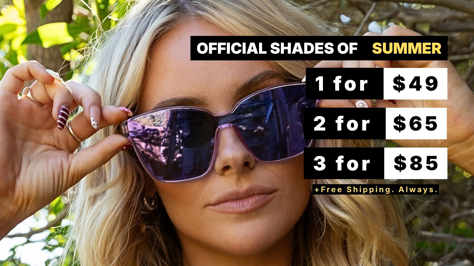 A blonde woman wearing purple sunglasses in an advertisement for a summer sale on shades.