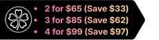 A black banner with a five-leaf clover icon and text listing bulk pricing deals and savings.