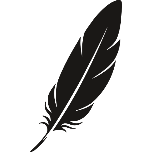 A black silhouette of a single feather on a white background.