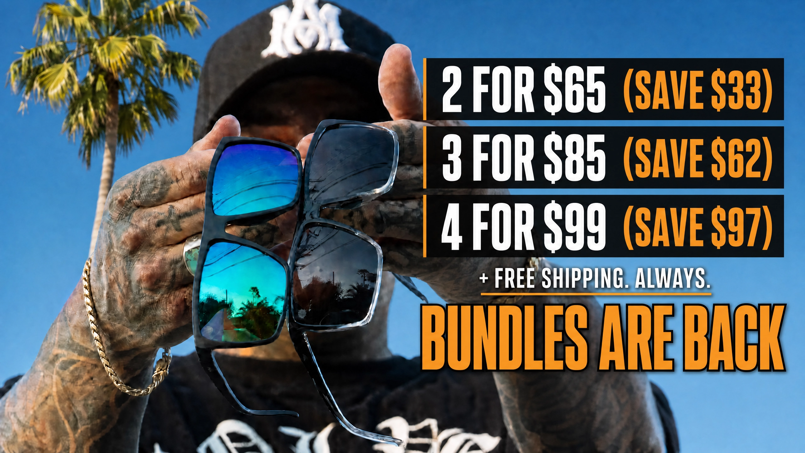 A tattooed person holds two pairs of sunglasses with text overlay advertising a bundle sale.