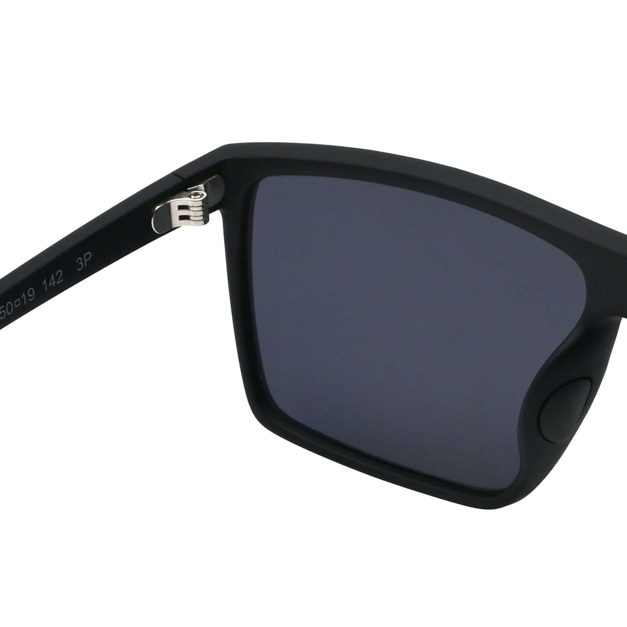 A close-up of the hinge and right lens of a pair of matte black sunglasses.