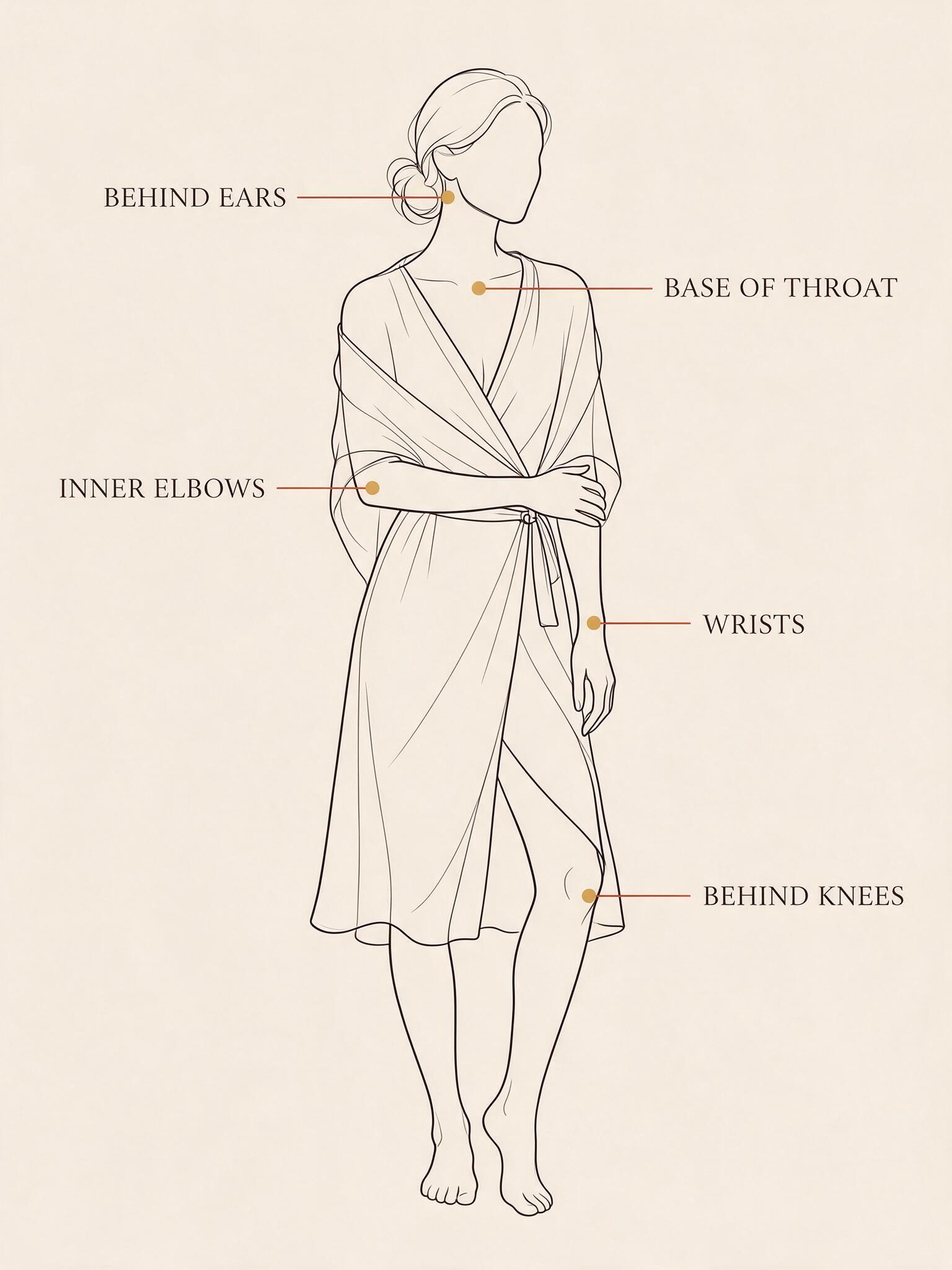 Perfume pulse points diagram showing wrists, inner elbows, behind ears, base of throat, and behind knees