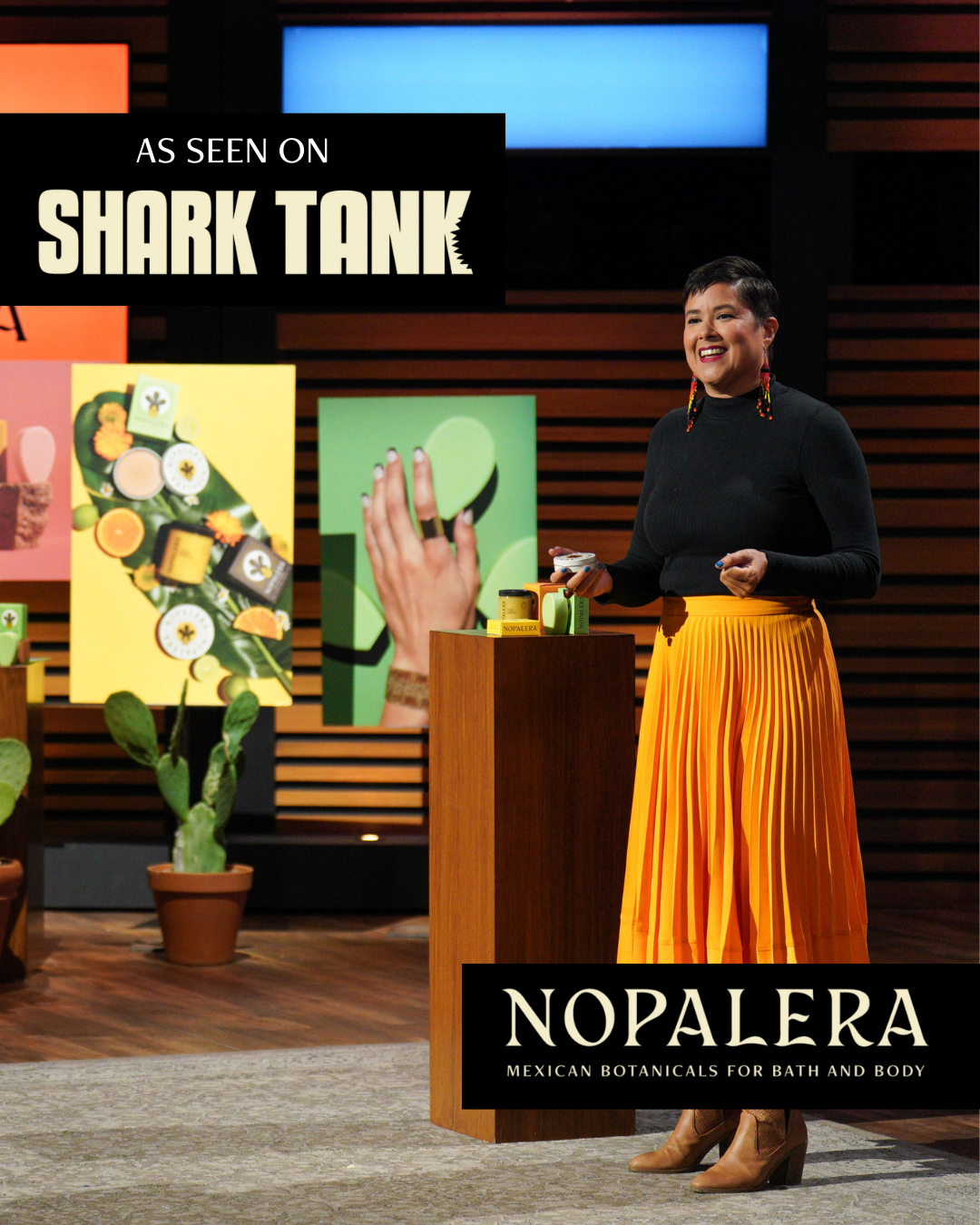 Sandra Velasquez presenting Nopalera on Shark Tank with product display