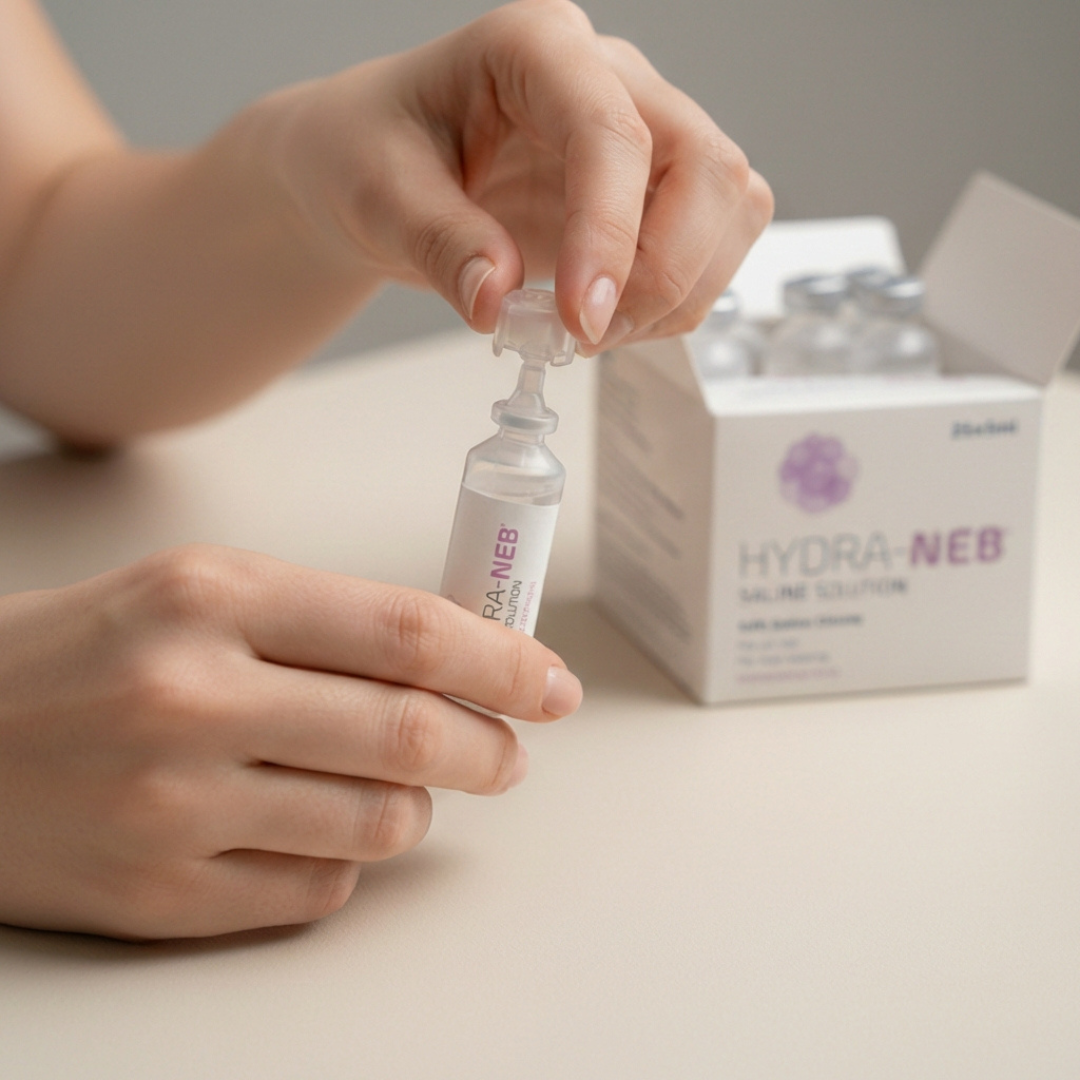 A person's hands twist open a small vial of Hydra-Neb saline solution, with the box in the background.