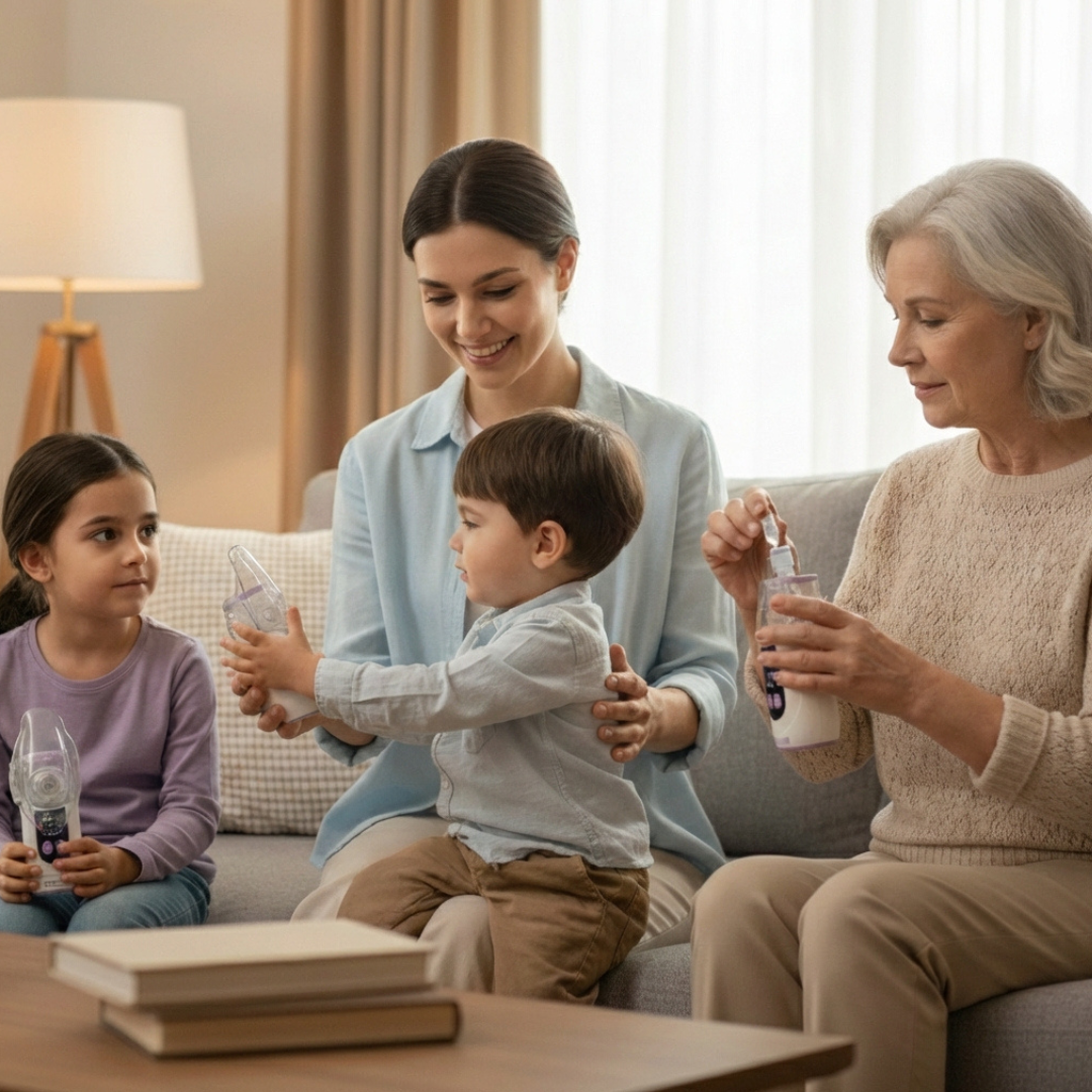 A family with two children and a grandmother sit on a couch holding portable nebulizers.