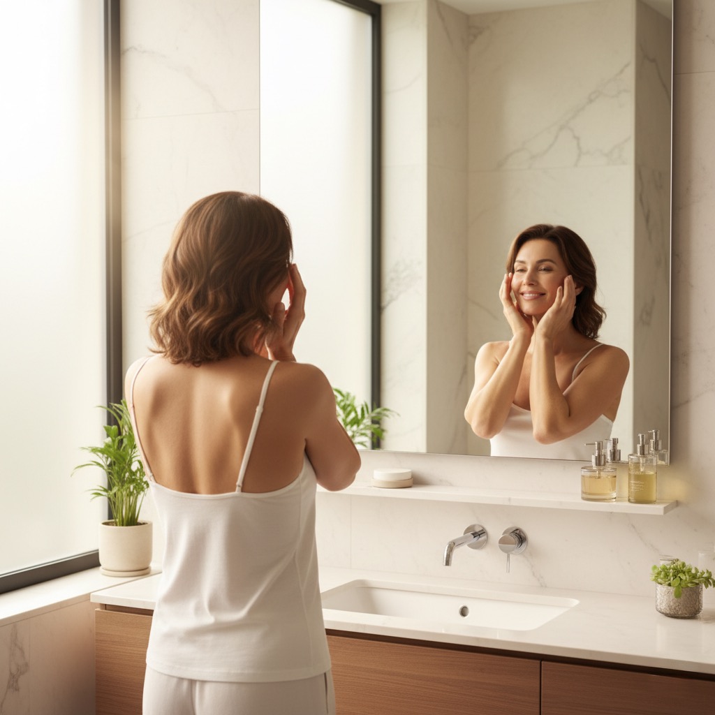Woman in white sleepwear standing at a bathroom sink, smiling as she touches her face while looking in the mirror