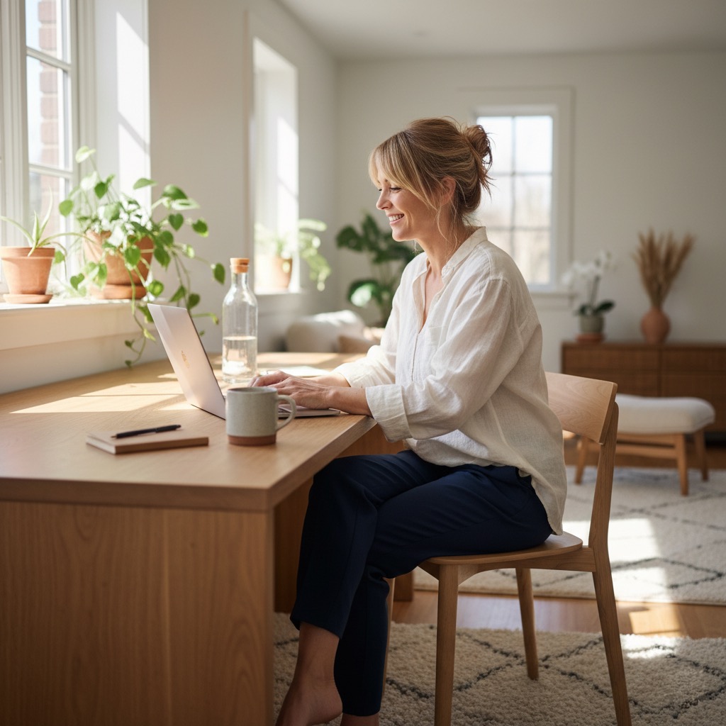 Woman working at a wooden desk with a laptop, smiling in a bright home office filled with natural light and indoor plants