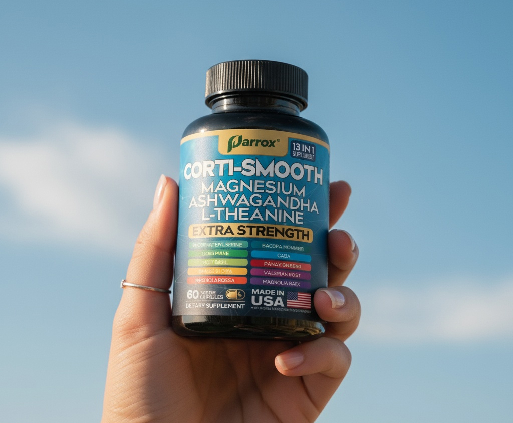 Hand holding a supplement bottle against a blue sky.