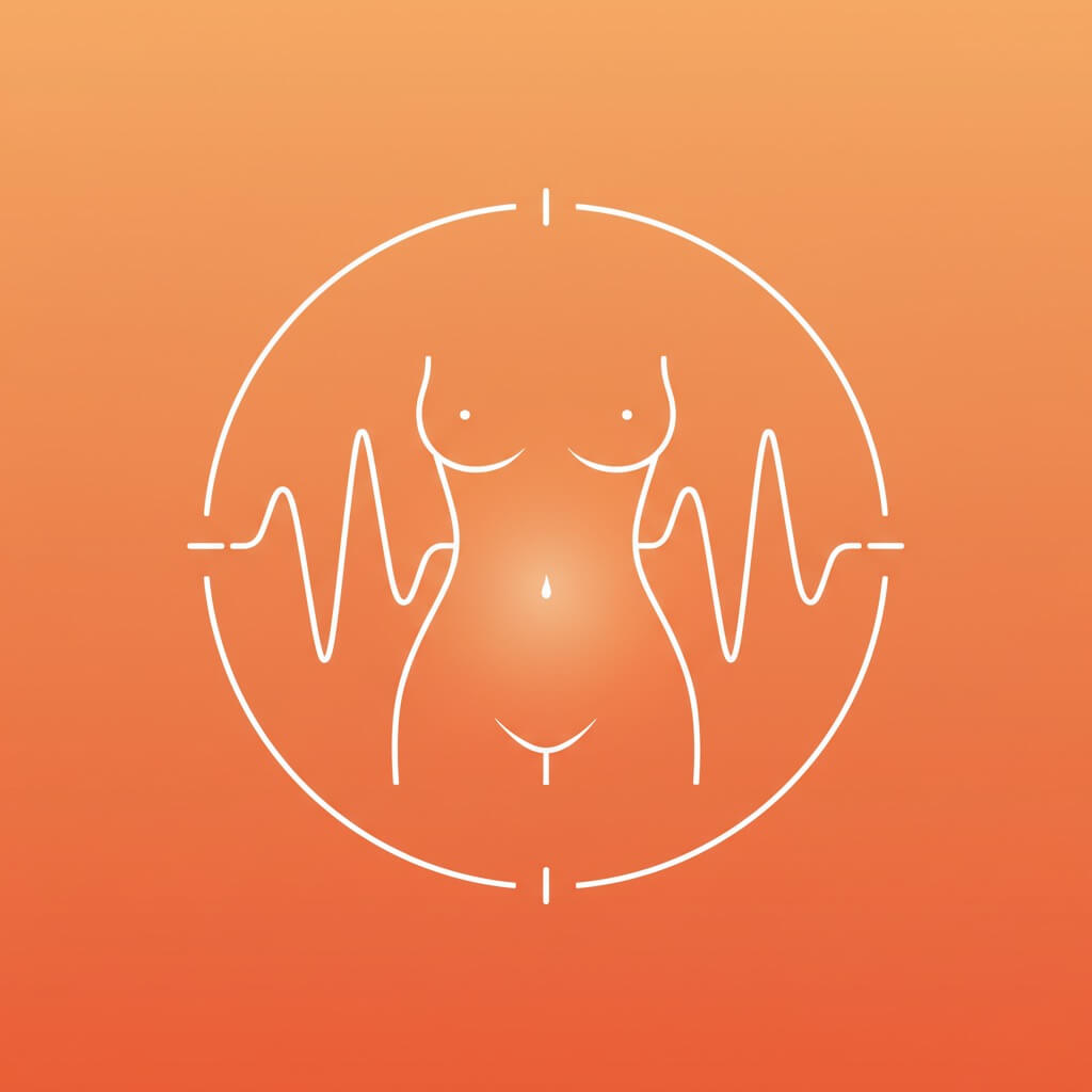 Minimalist line art of a female torso inside a circular frame with heartbeat wave graphics on an orange gradient background, symbolizing women’s health and wellness