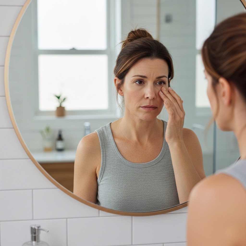 Woman looking at herself in the bathroom mirror, touching the skin under her eye with a concerned expression