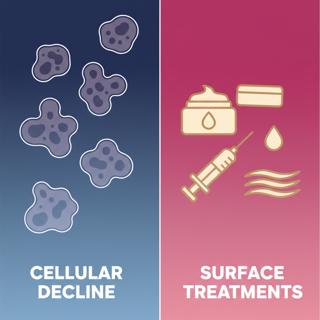 Split-screen graphic comparing cellular decline with surface treatments, showing fading cells on a dark blue background on the left and icons of a cream jar, syringe, and skin treatment on a pink background on the right