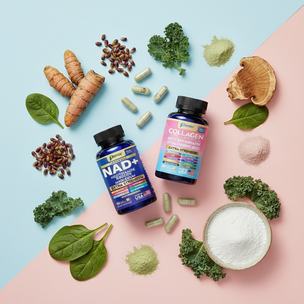 Flatlay of Parrox NAD+ and Collagen Extra Strength supplement bottles surrounded by natural ingredients like turmeric, kale, spinach, powders, seeds, and capsules on a pastel background