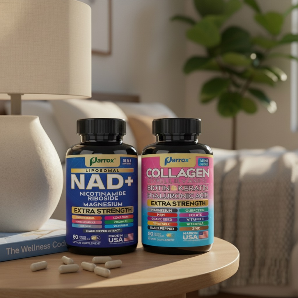 Two bottles of Parrox dietary supplements, NAD+ and Collagen Extra Strength, placed on a bedside table with capsules scattered nearby, lamp, and plants in the background