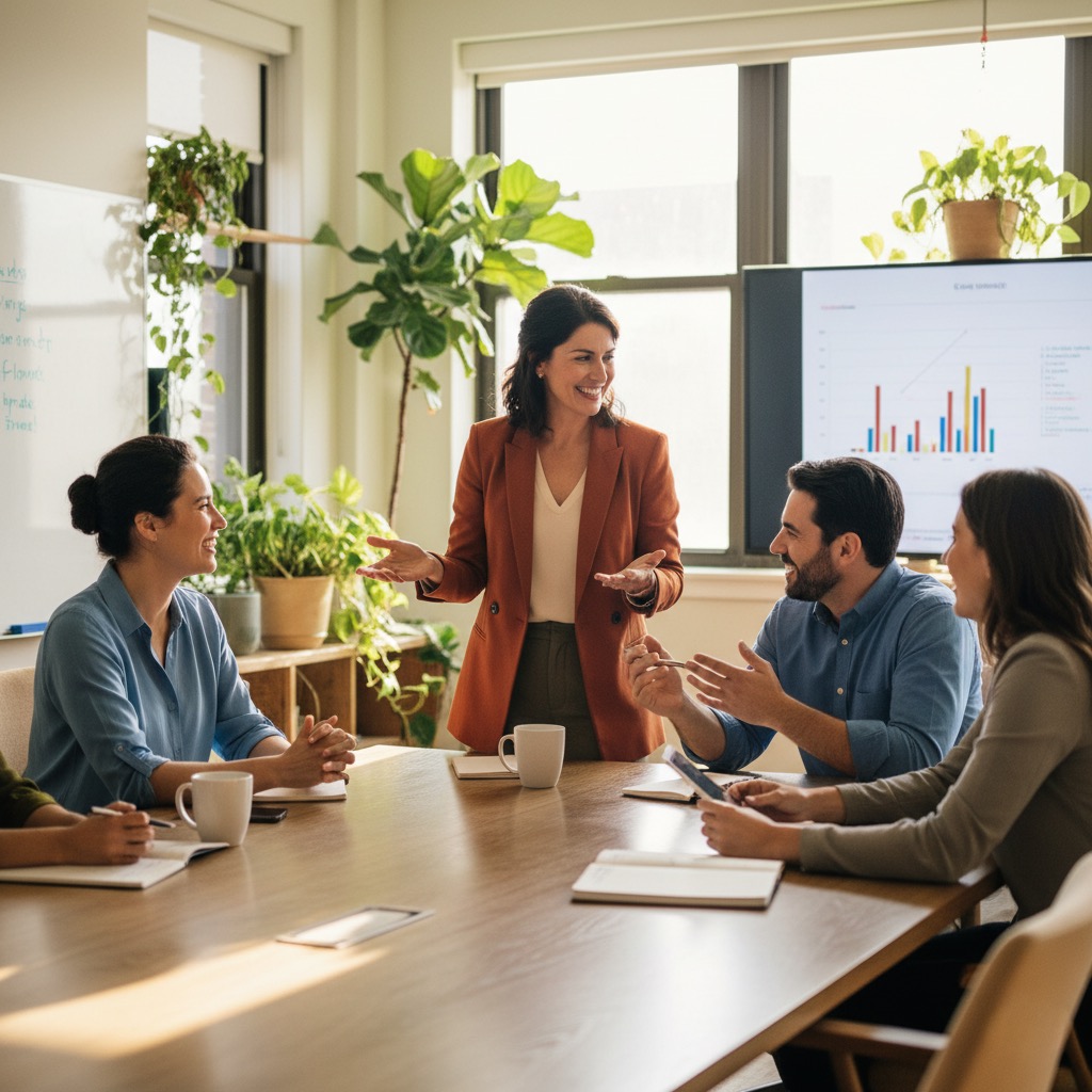 Businesswoman leading a meeting with colleagues around a conference table, discussing a chart displayed on a screen in a bright office with plants