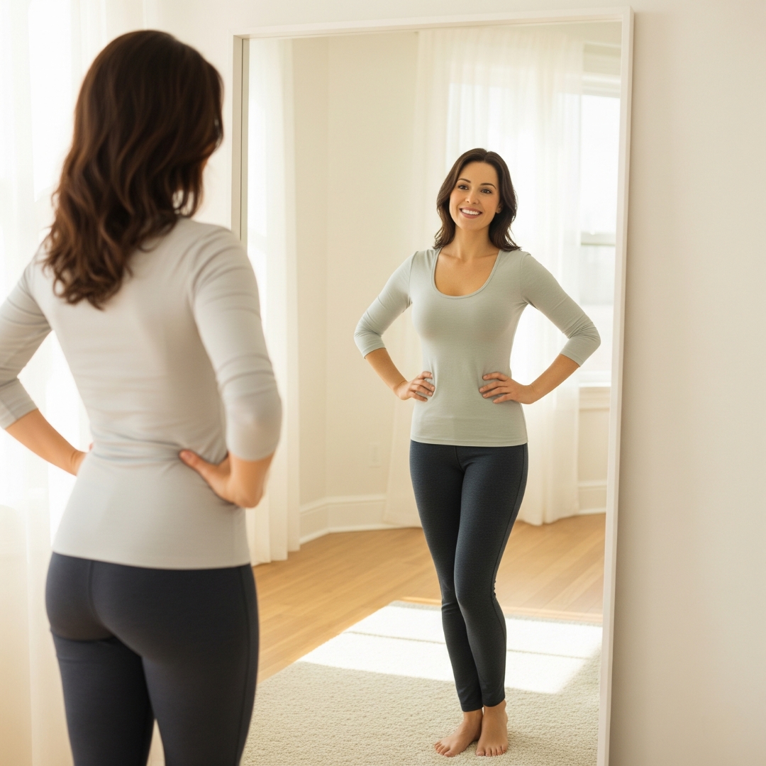 Woman smiling at her reflection in a large mirror.