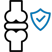An icon of a bone joint next to a shield with a checkmark inside.