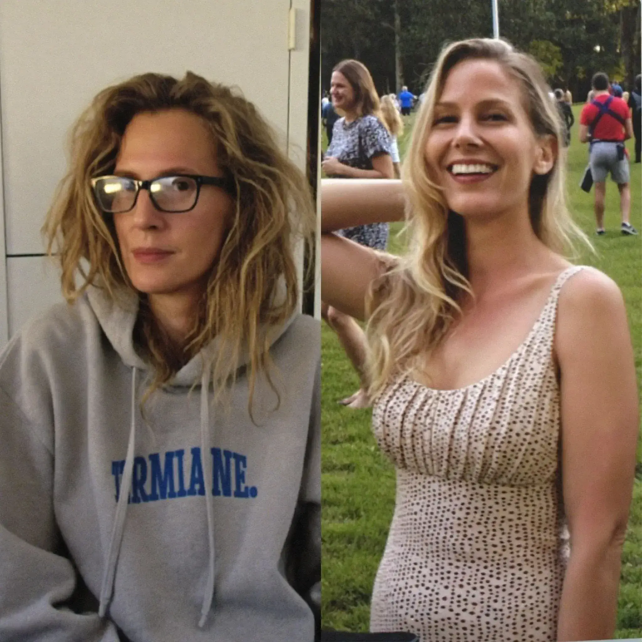 A side-by-side comparison photo of a woman dressed casually indoors and formally smiling outdoors.