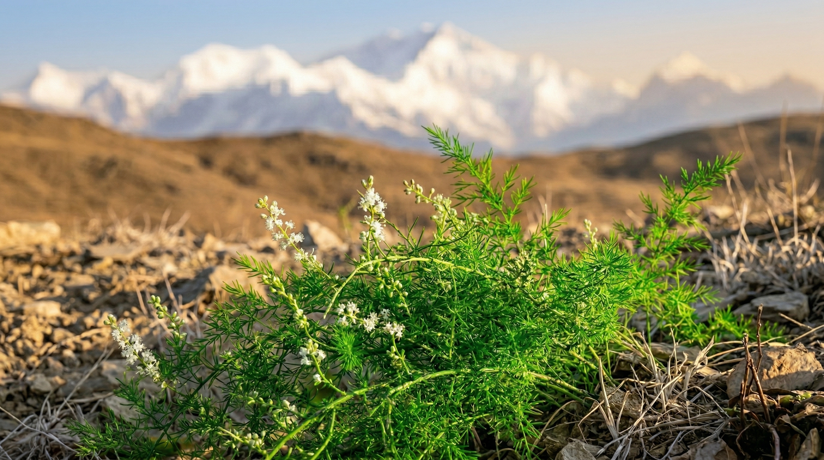 A close-up of a green flowering plant in a rocky landscape with snow-capped mountains in the background.
