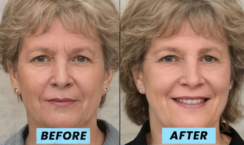 A before-and-after image showing a woman's face with a reduction in wrinkles.
