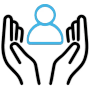An icon of two hands holding a blue outline of a person.