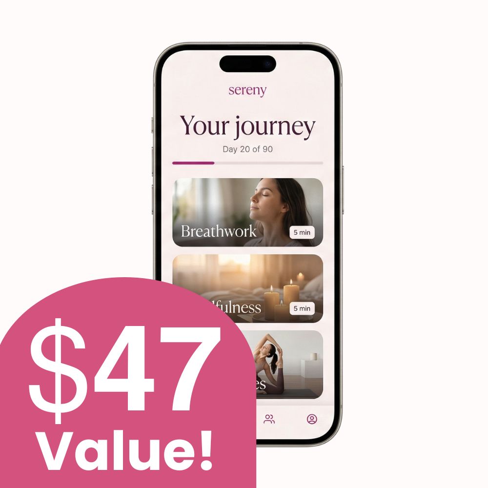 A smartphone displaying the Sereny wellness app, with a pink graphic in the foreground saying '$47 Value!'.