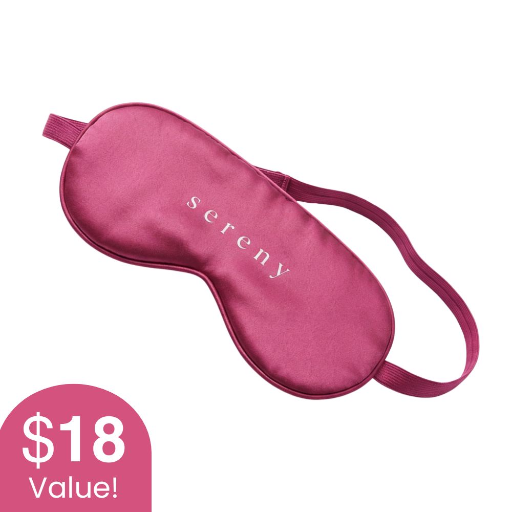 A pink satin sleep mask with the word 'sereny' on the front, shown on a white background.