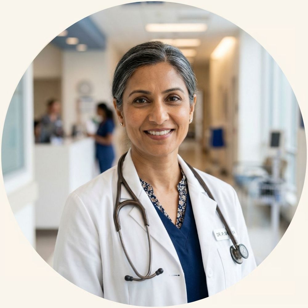 A smiling female doctor with a stethoscope around her neck stands in a hospital hallway.