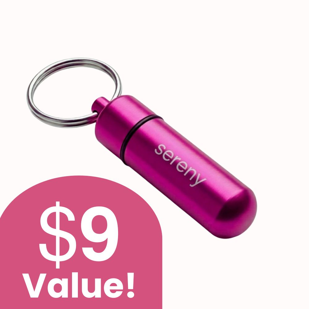 A pink, metallic, cylindrical keychain container with the word 'sereny' on it and a '$9 Value!' graphic.