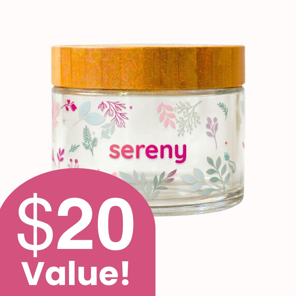 A Sereny brand glass jar with a wooden lid and floral design, with a '$20 Value!' graphic.
