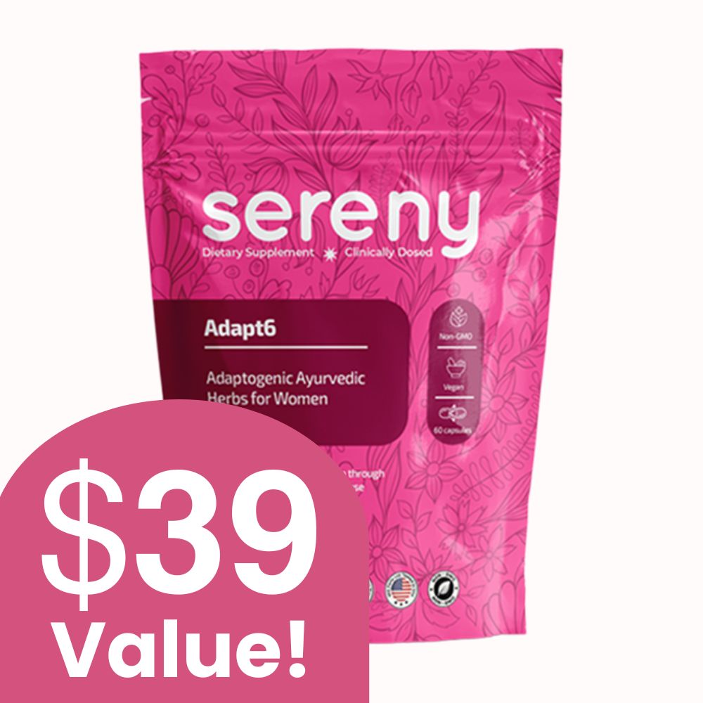 A pink pouch of Sereny Adapt6 dietary supplement, with a graphic in the foreground that reads '$39 Value!'