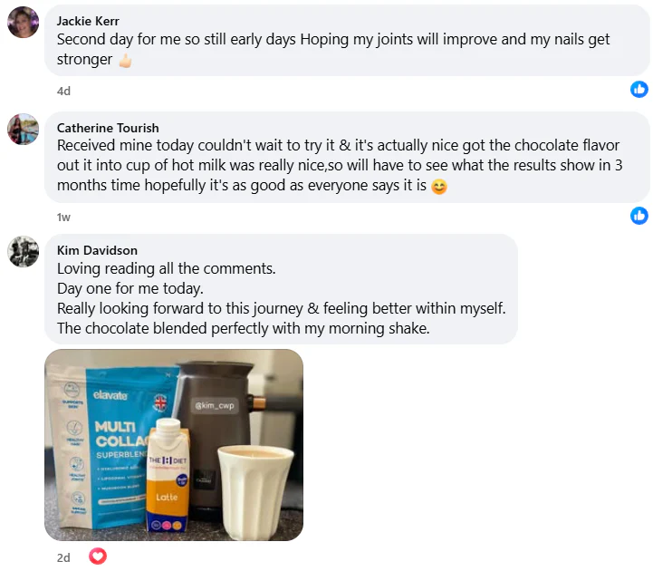 A screenshot of social media comments from customers reviewing a multi-collagen supplement, with a photo of the products.