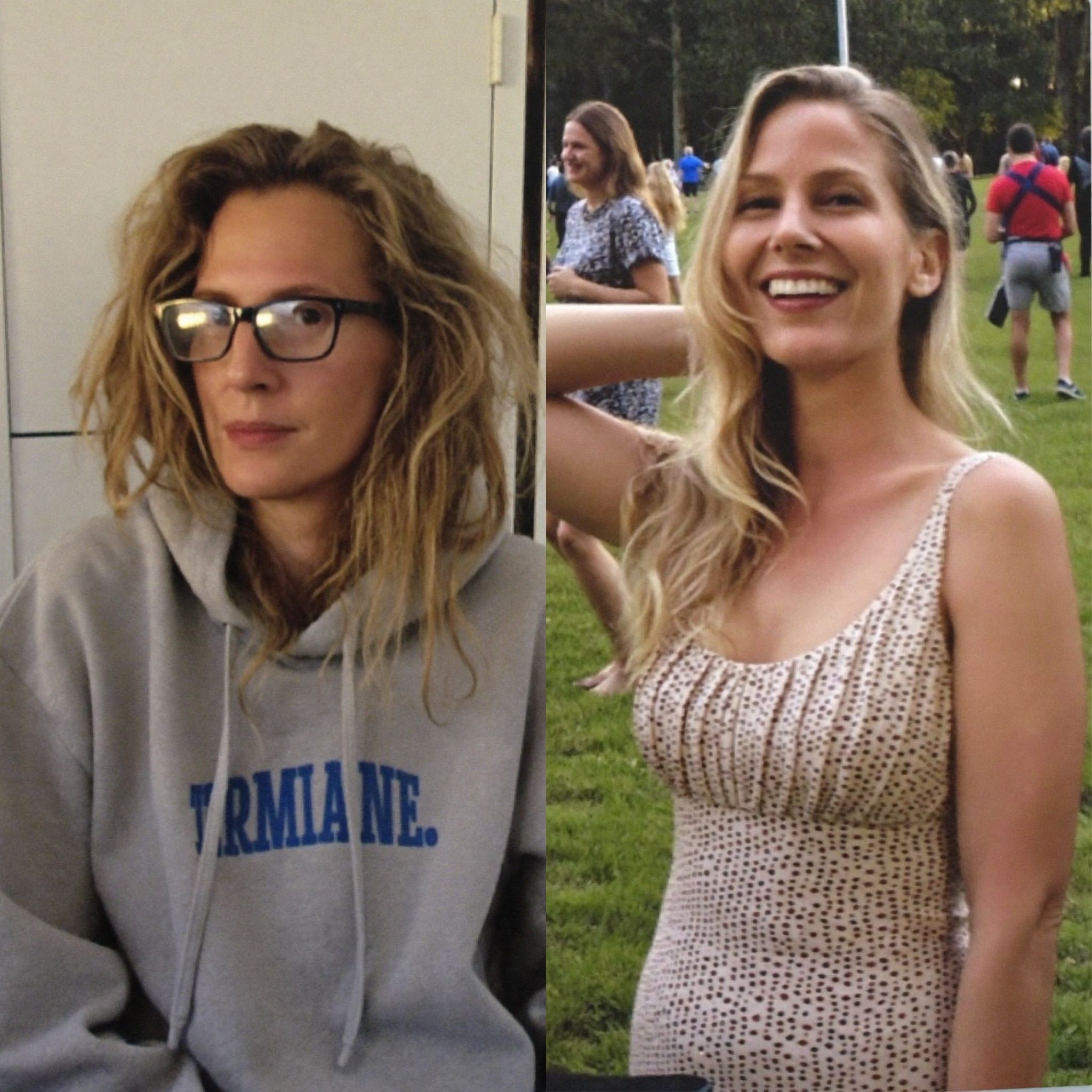 A side-by-side comparison photo of a woman dressed casually indoors and formally smiling outdoors.