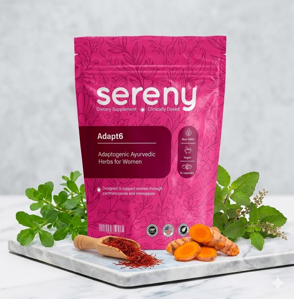 A pink pouch of sereny Adapt6 dietary supplement surrounded by fresh herbs, turmeric, and saffron on a marble slab.