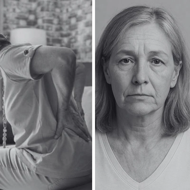 A black and white split image showing a person holding their back and a portrait of a woman.