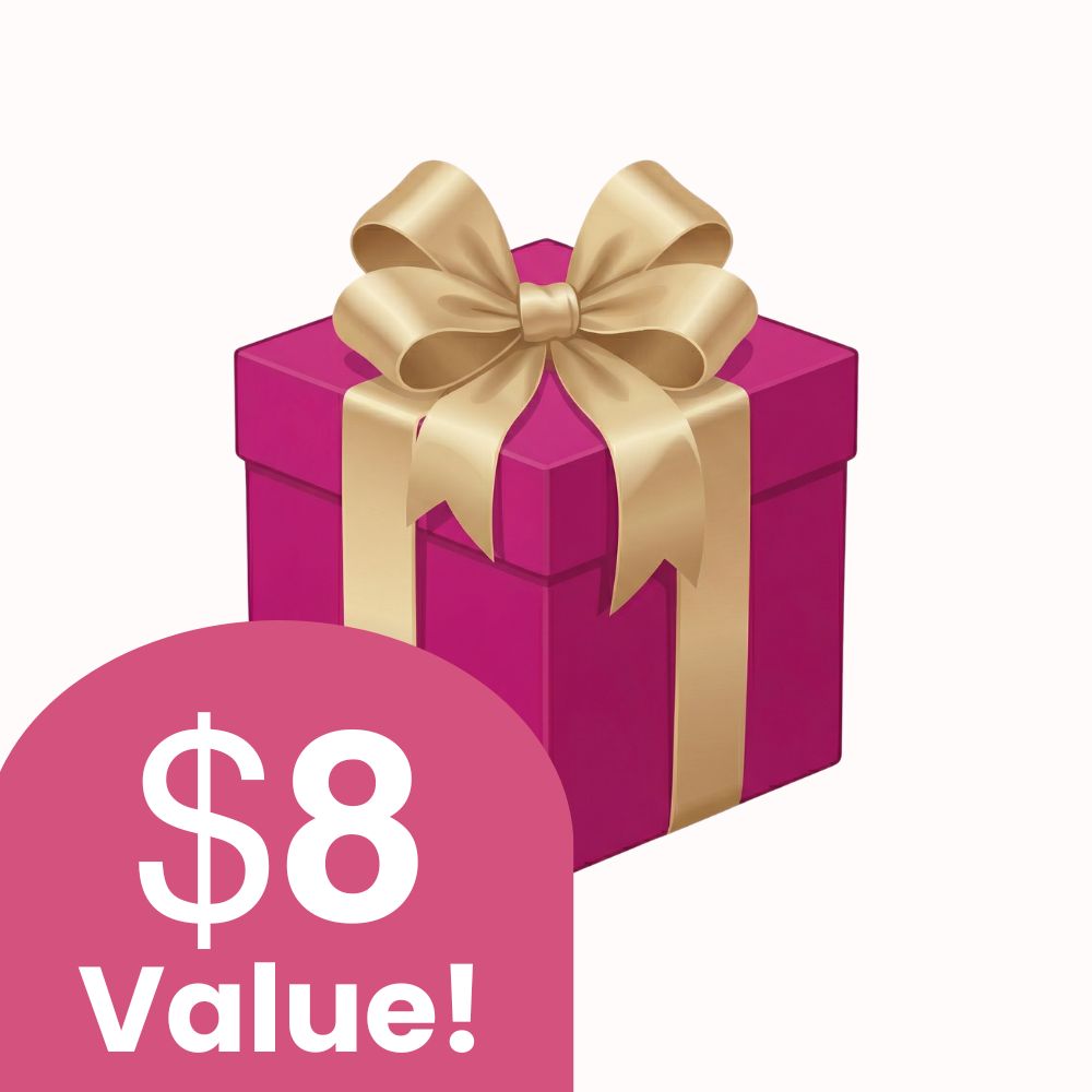 An illustration of a magenta gift box with a gold bow and a pink label reading '$8 Value!'.