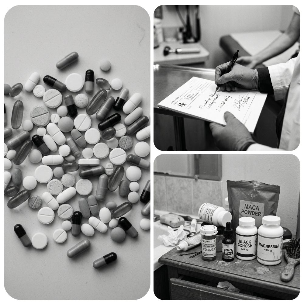 A three-panel black and white collage showing pills, a doctor writing a prescription, and supplement bottles.