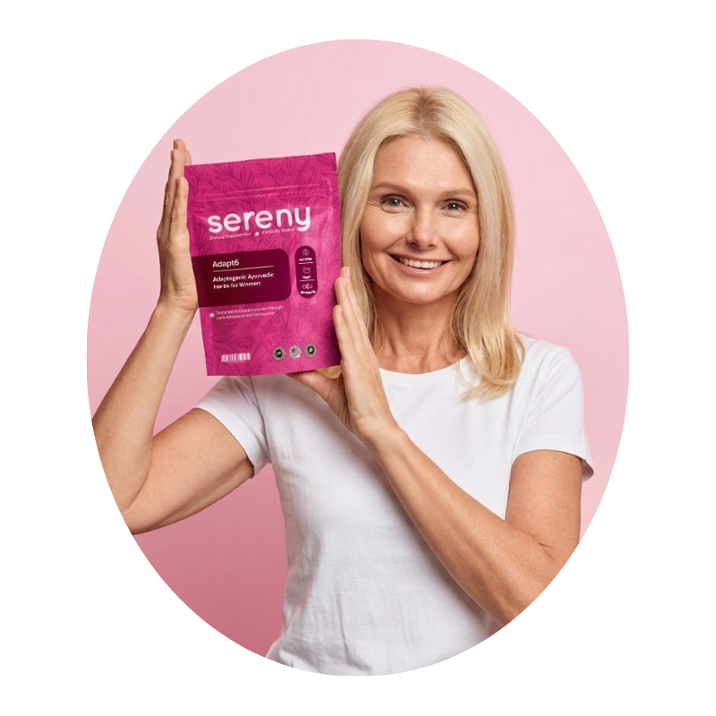 A smiling blonde woman in a white t-shirt holds a pink pouch of Sereny brand supplement.